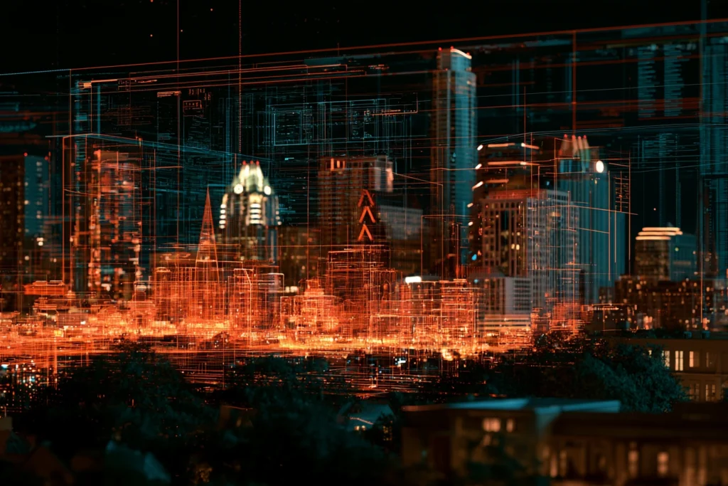 Digital wireframe grid overlaying the downtown Austin skyline with the Frost Bank Tower at night, representing managed website hosting