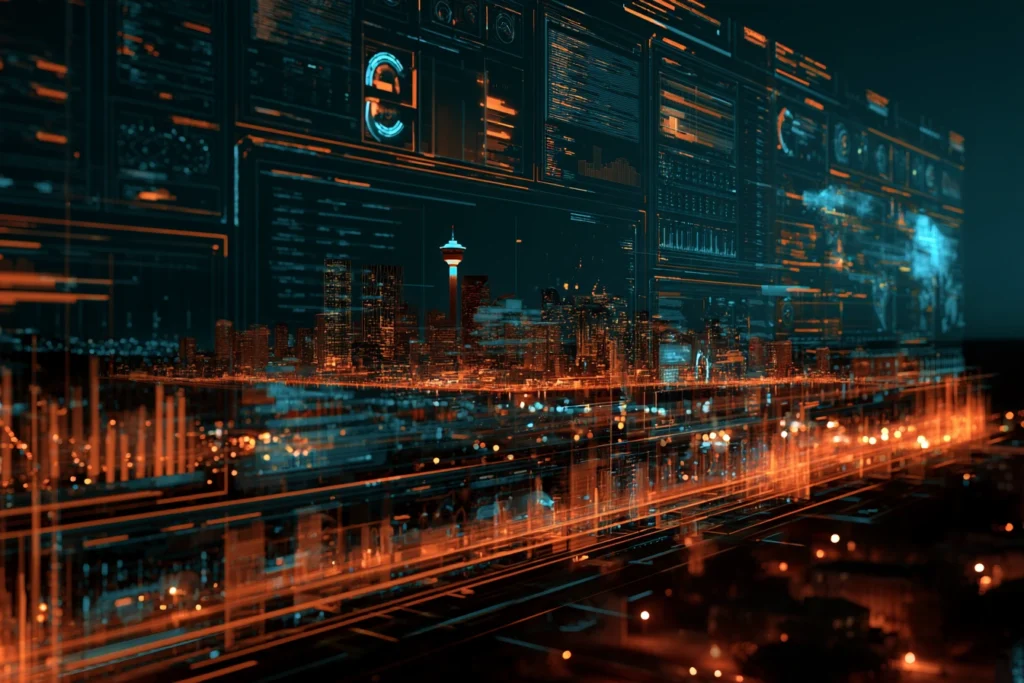 Digital dashboard interface overlaying the Calgary skyline and Calgary Tower at night, representing managed website hosting