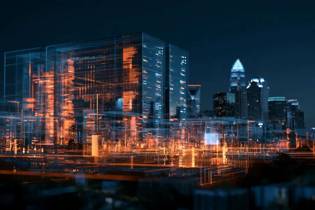 Digital wireframe structure overlaying the downtown Charlotte skyline at night, representing managed website hosting