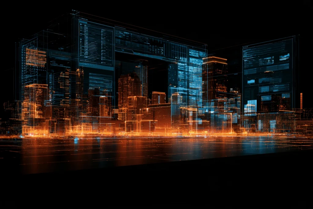Digital wireframe and data panels overlaying the Chicago skyline at night, representing managed website hosting