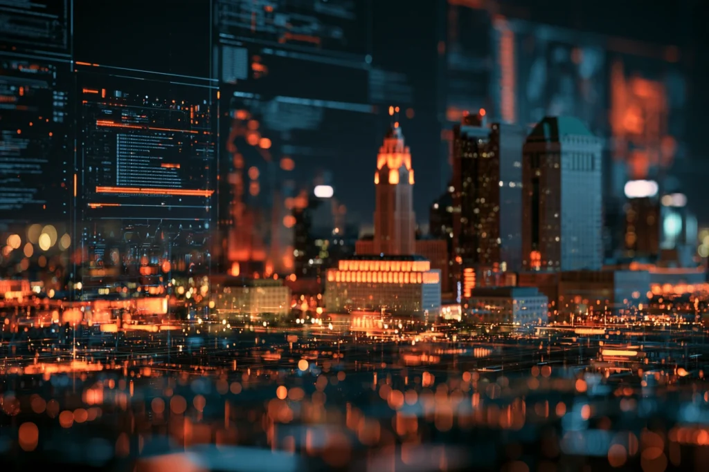 Digital data panels overlaying the downtown Columbus skyline with the LeVeque Tower at night, representing managed website hosting
