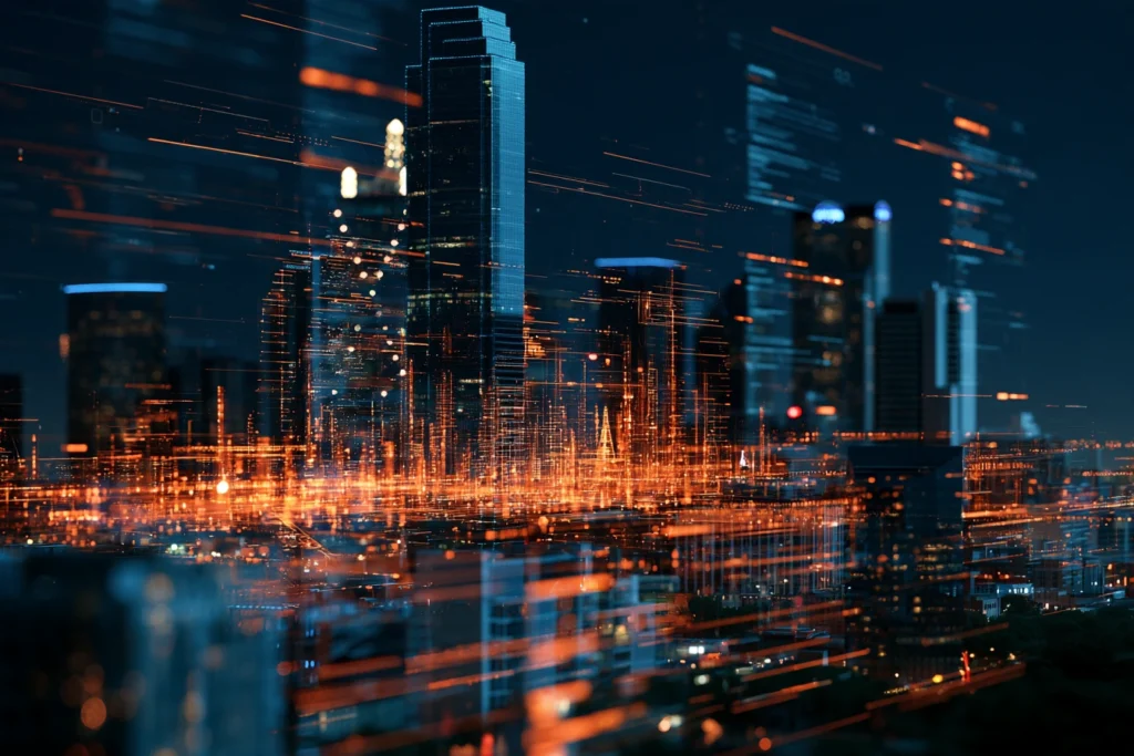 Streaking digital data lines overlaying the downtown Dallas skyline at night, representing managed website hosting