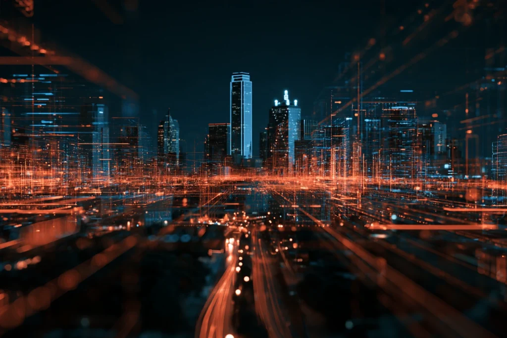 Digital data grid streaming toward the downtown Fort Worth skyline at night, representing managed website hosting