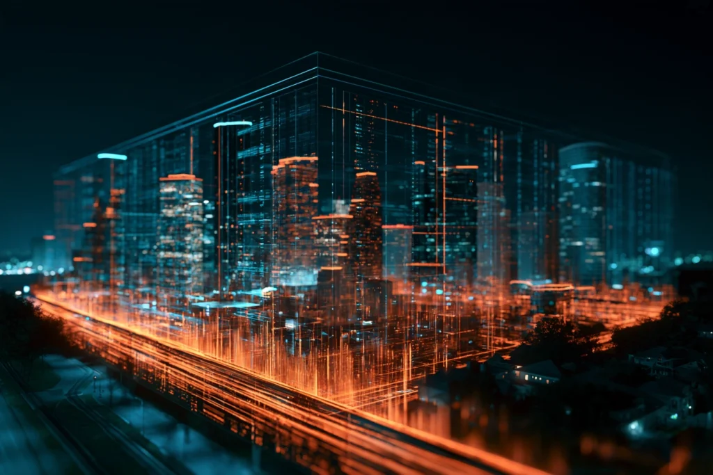 Digital wireframe framing the downtown Houston skyline at night, representing managed website hosting