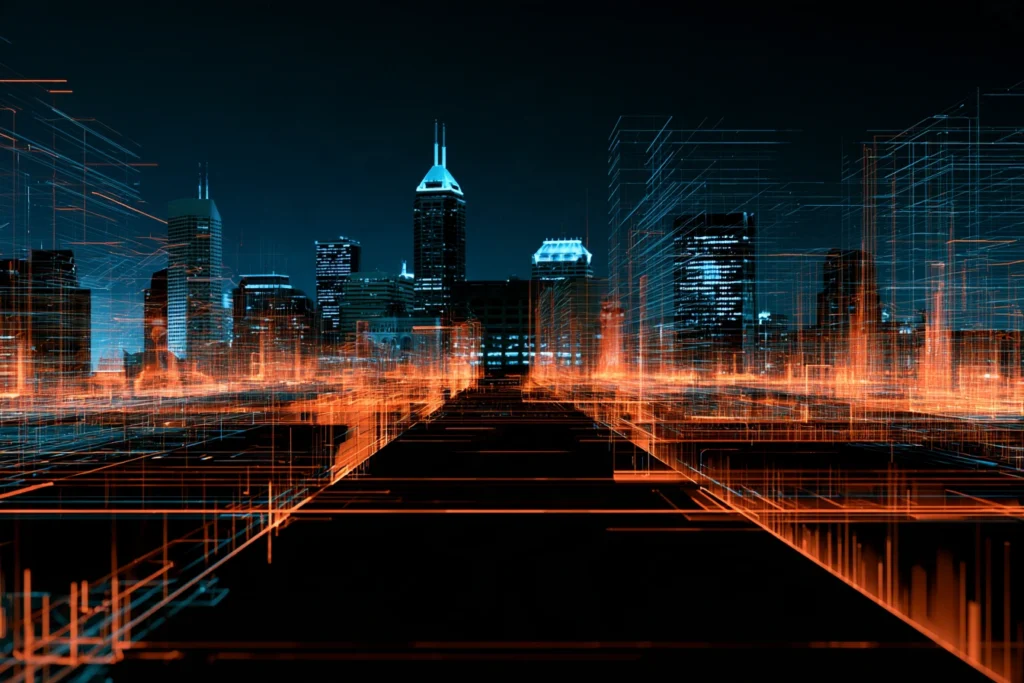 Digital wireframe grid framing the downtown Indianapolis skyline with Salesforce Tower at night, representing managed website hosting