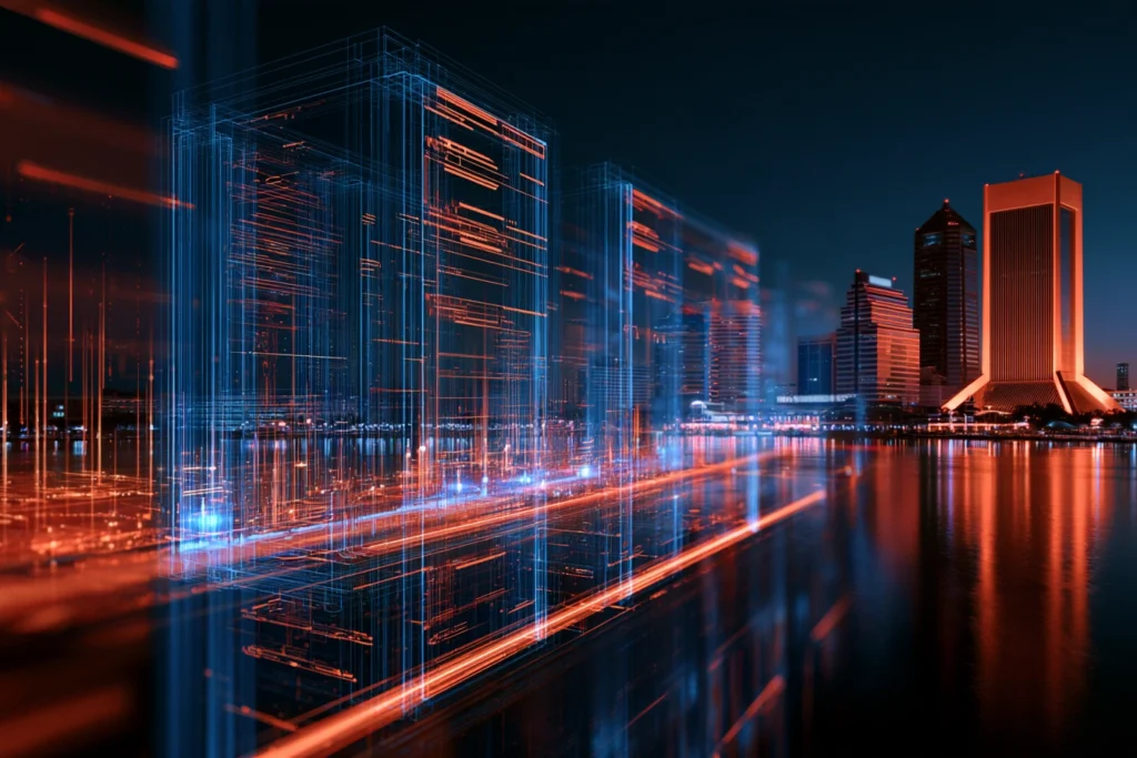 Digital wireframe skyscrapers reflected on the St. Johns River in downtown Jacksonville at night, representing managed website hosting