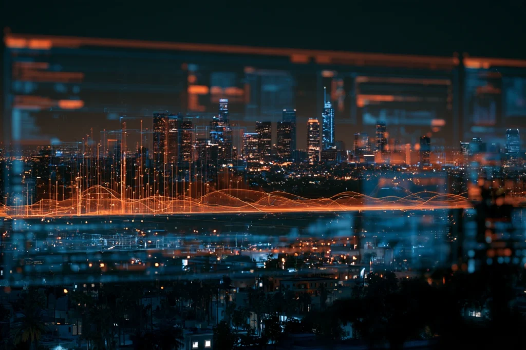 Glowing orange data streams overlaying the downtown Los Angeles skyline at night, representing managed website hosting