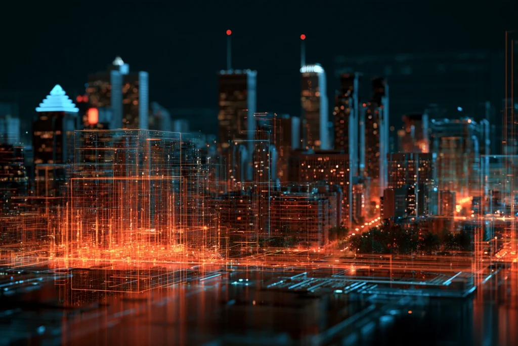 Digital wireframe grid overlaying the Montreal skyline at night, representing managed website hosting