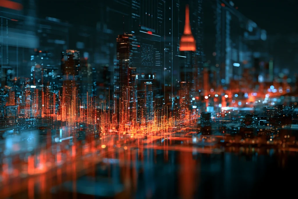 Digital data overlay on the New York City skyline with the Empire State Building at night, representing managed website hosting