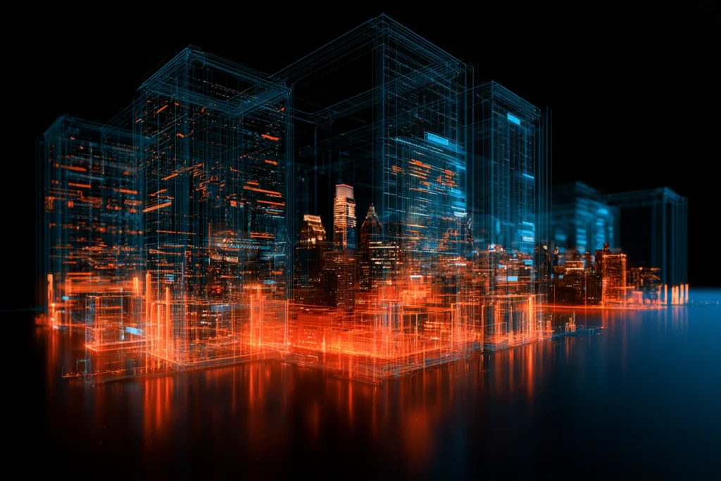 Digital wireframe grid framing the downtown Philadelphia skyline at night, representing managed website hosting