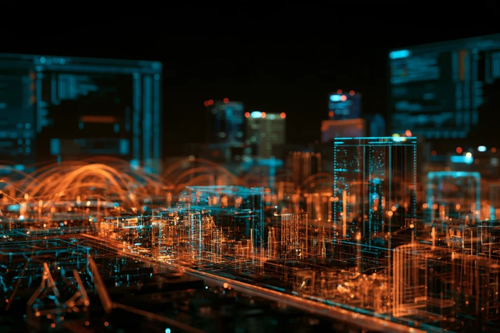 Digital network grid overlaying the downtown Phoenix skyline at night, representing managed website hosting