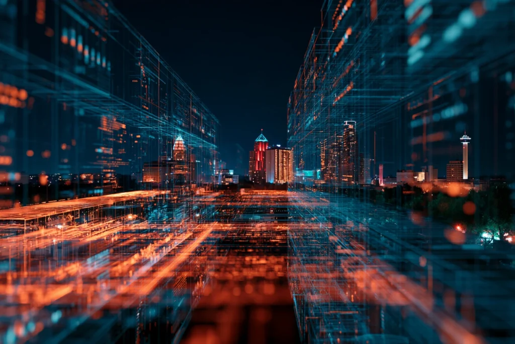 Digital wireframe corridor framing the San Antonio skyline and Tower of the Americas at night, representing managed website hosting