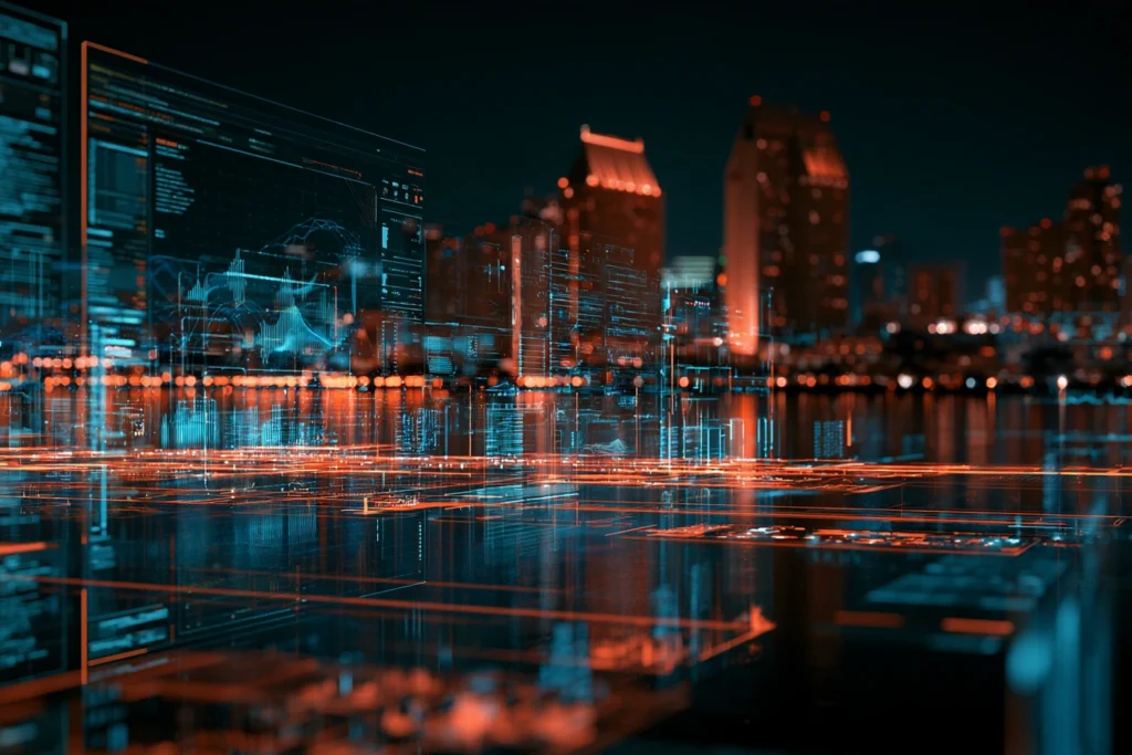 Digital data panels overlaying the San Diego waterfront skyline at night, representing managed website hosting