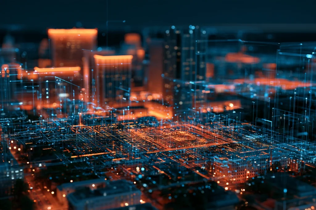 Digital circuit-like grid overlaying the downtown San Jose skyline at night, representing managed website hosting