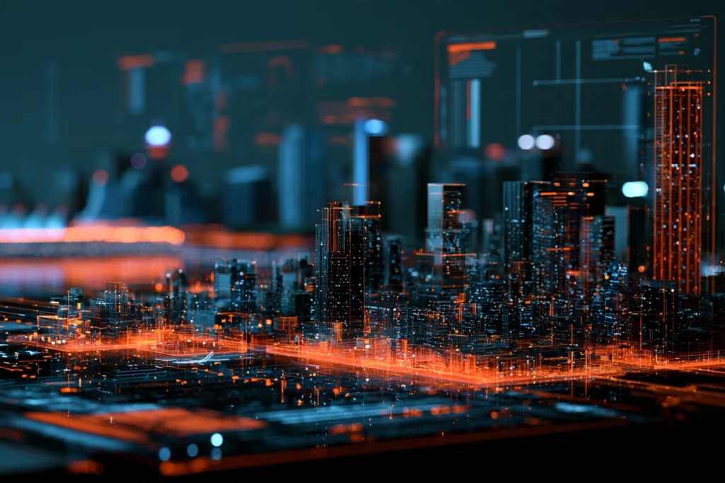 Digital data overlay on the Vancouver skyline at night, representing managed website hosting
