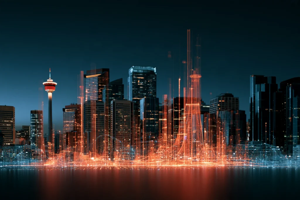 Digital light streams rising through the Calgary skyline and Calgary Tower at night, representing online business optimization services
