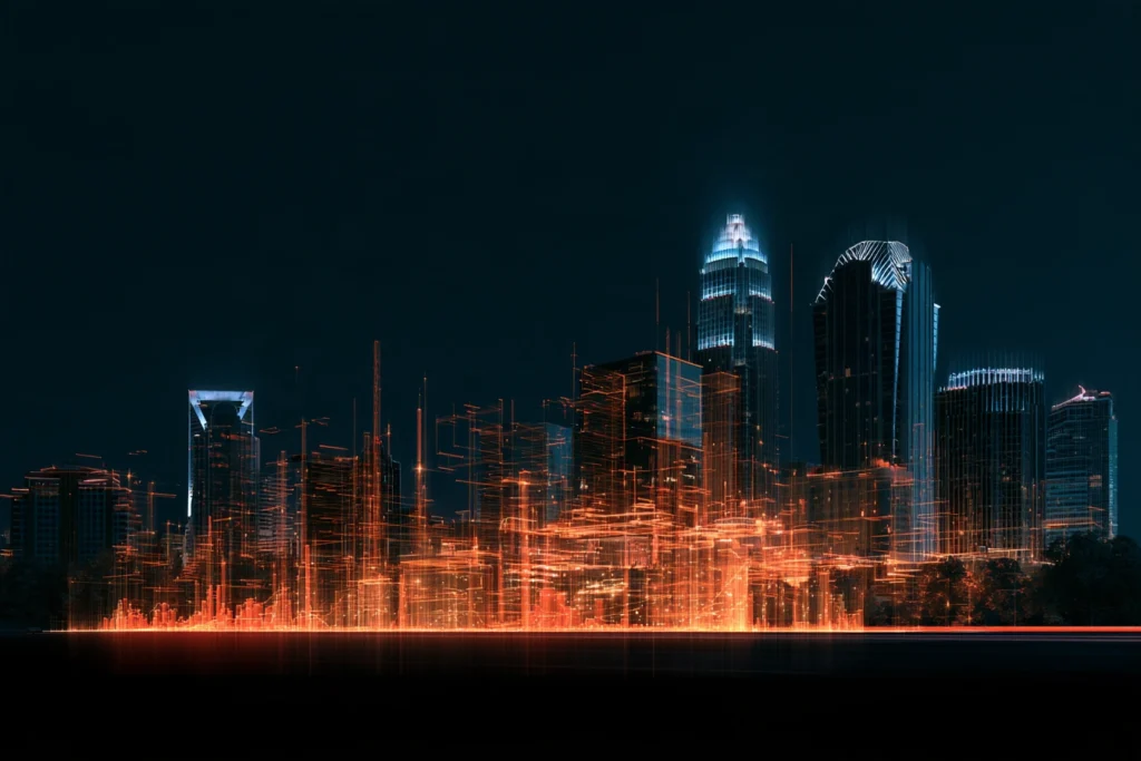 Digital wireframe skyline of downtown Charlotte with Bank of America Corporate Center at night, representing online business optimization services