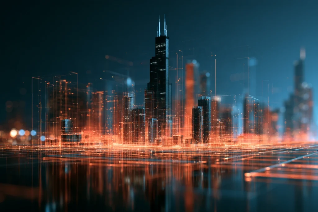 Digital wireframe skyline of Chicago with the Willis Tower rising above an orange light grid, representing online business optimization services
