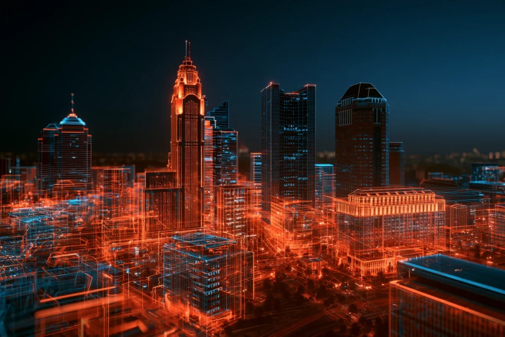 Digital wireframe skyline of downtown Columbus with the LeVeque Tower glowing orange at night, representing online business optimization services
