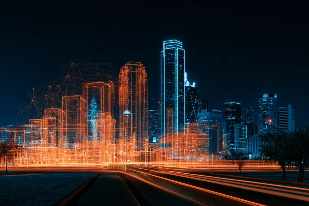Digital wireframe network overlaying the downtown Dallas skyline at night, representing online business optimization services