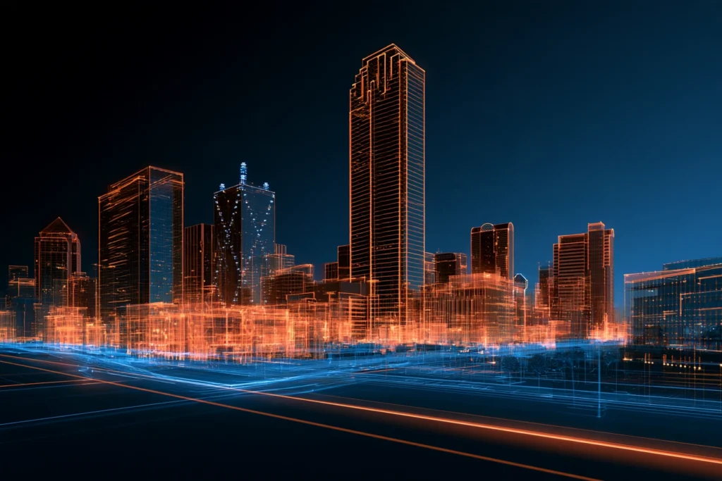 Digital wireframe skyline of downtown Fort Worth with glowing road lines at night, representing online business optimization services