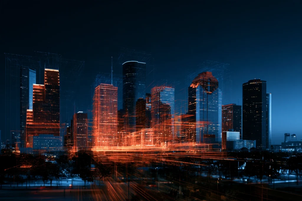 Digital wireframe overlay glowing orange across the downtown Houston skyline at night, representing online business optimization services