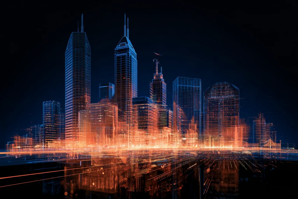 Digital wireframe skyline of downtown Indianapolis with Salesforce Tower at night, representing online business optimization services