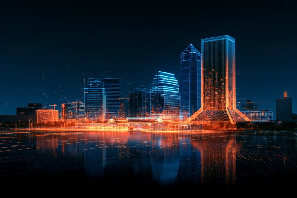 Digital wireframe skyline of Jacksonville reflecting off the St. Johns River at night, representing online business optimization services