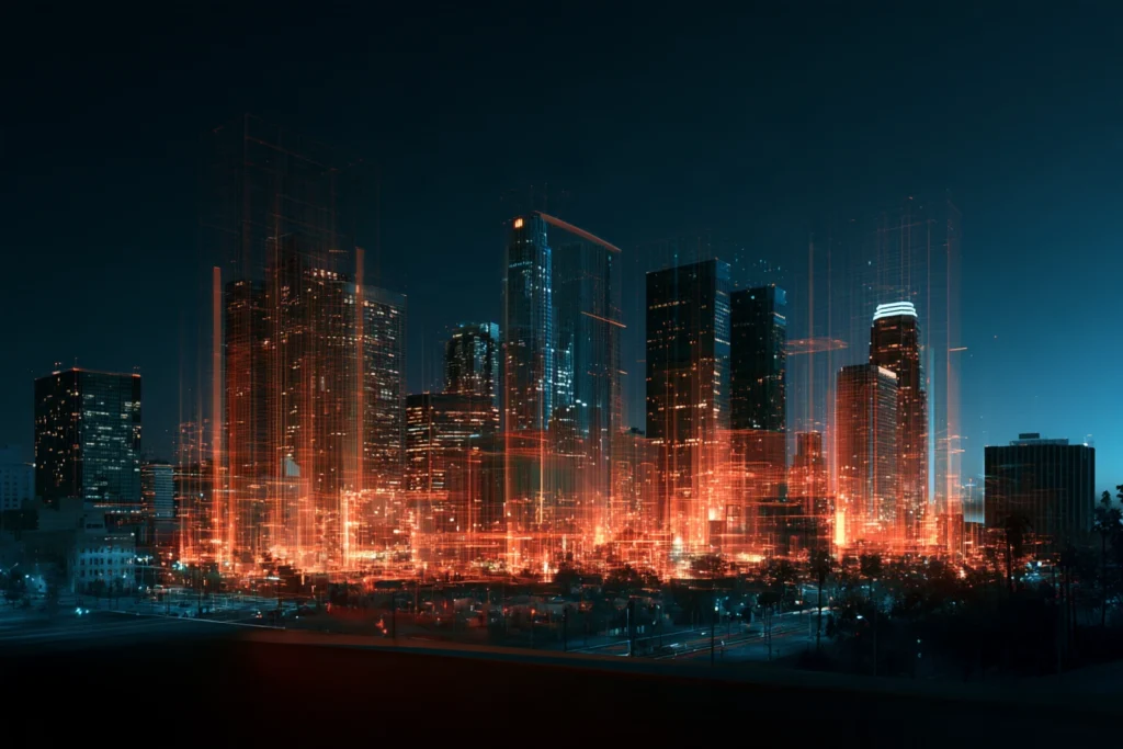 Digital wireframe skyline of downtown Los Angeles at night, representing online business optimization services