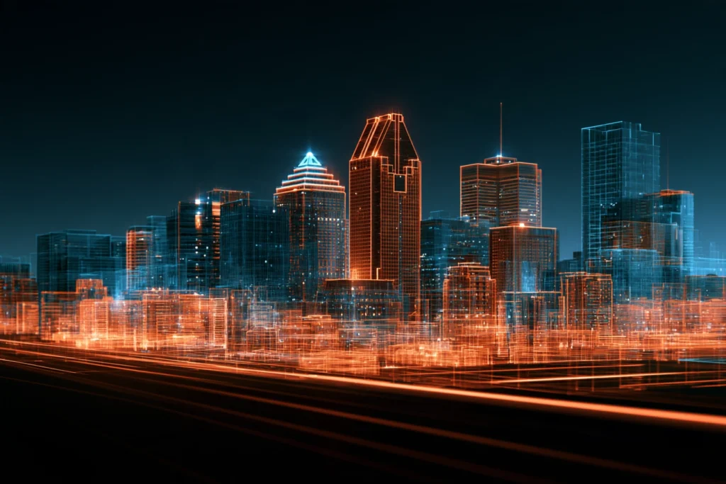 Digital wireframe skyline of downtown Montreal at night, representing online business optimization services