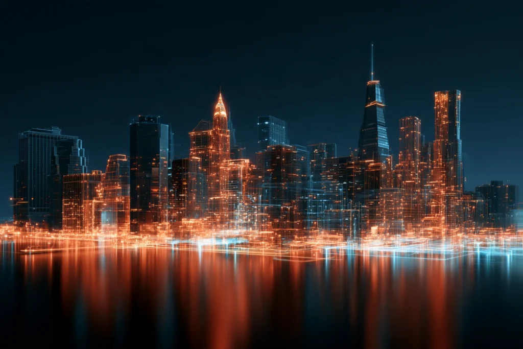 Digital wireframe skyline of New York City with the Chrysler Building reflecting off the water at night, representing online business optimization services
