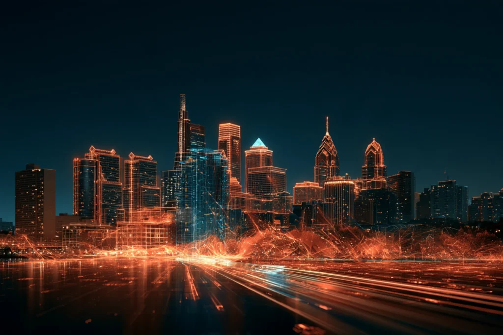 Digital wireframe skyline of Philadelphia with sparking orange light streaks at night, representing online business optimization services