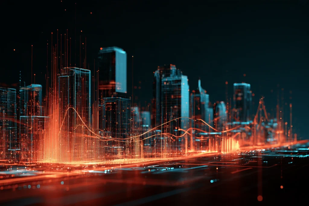 Glowing orange data growth curve rising over the downtown Phoenix skyline at night, representing online business optimization services