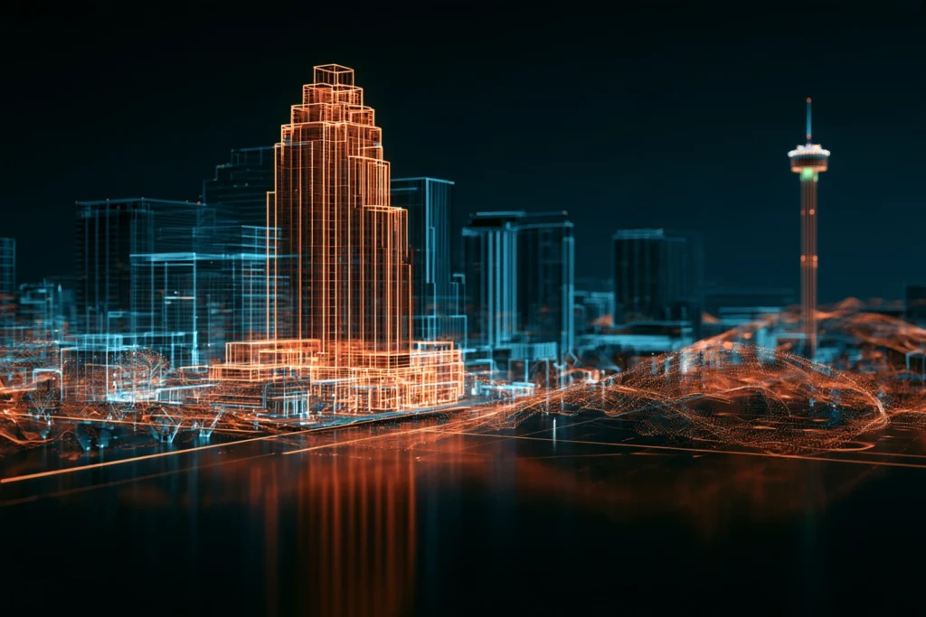 Digital wireframe skyscraper glowing orange beside the Tower of the Americas in San Antonio at night, representing online business optimization services