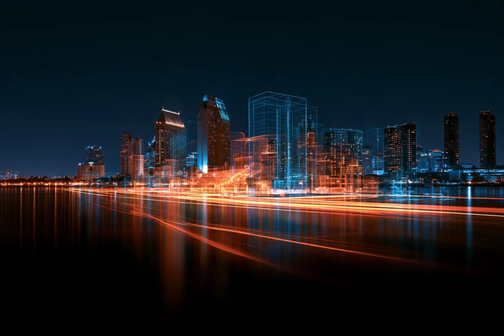 Digital wireframe skyline of San Diego with streaking orange light reflecting off the bay at night, representing online business optimization services