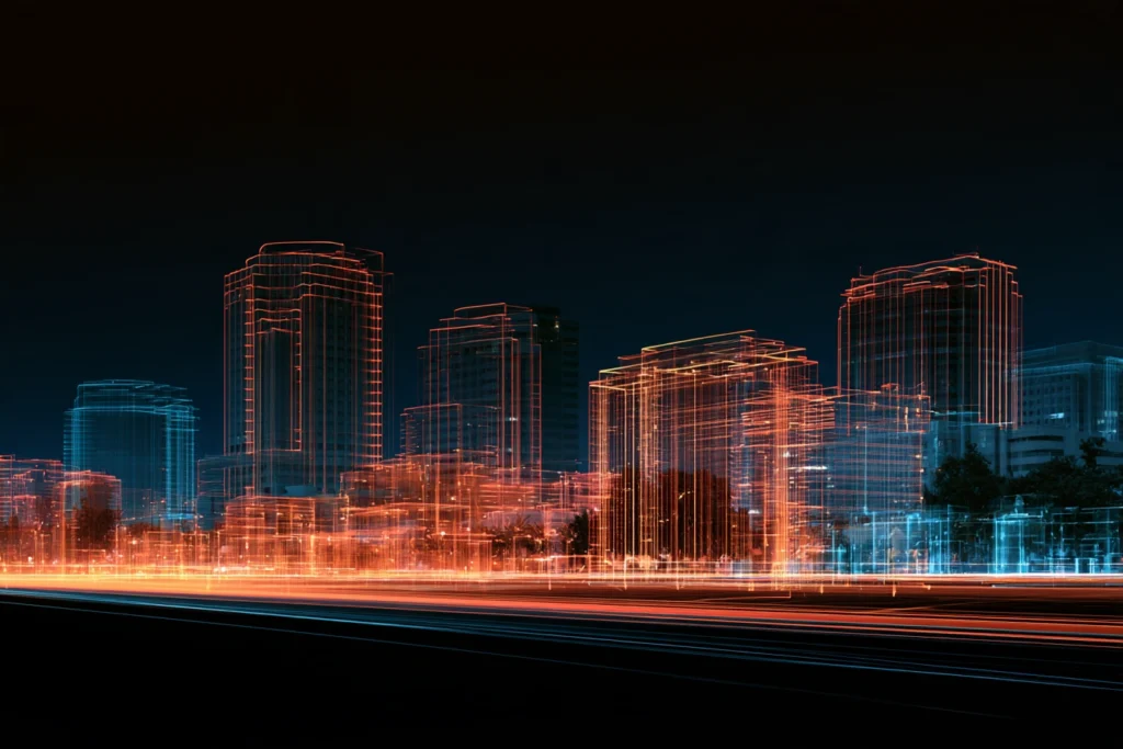 Digital wireframe skyline of San Jose with streaking road lights at night, representing online business optimization services