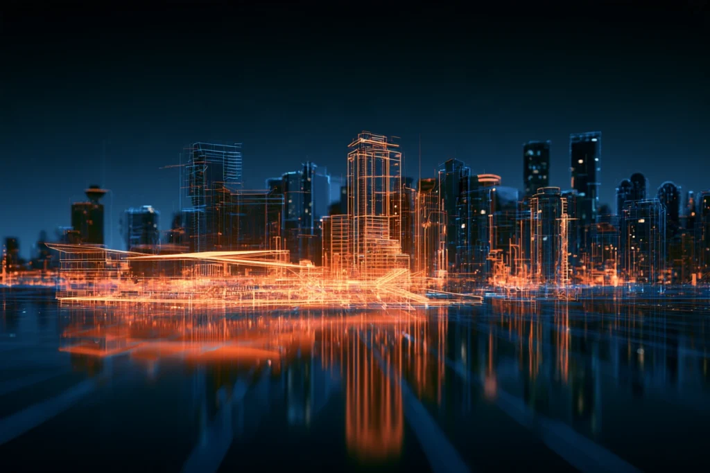Digital wireframe skyline of Vancouver reflecting off the harbor at night, representing online business optimization services