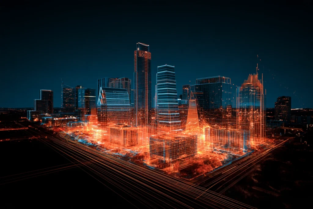 Digital wireframe skyline of downtown Austin with the Frost Bank Tower and streaking road lines, representing search engine optimization in Austin