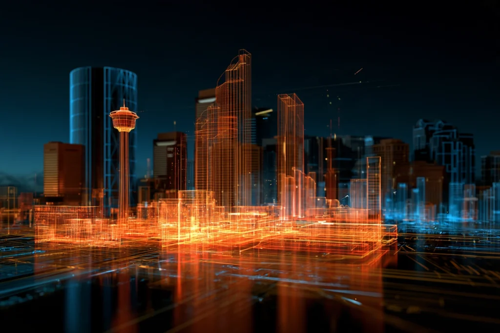 Digital wireframe skyline of Calgary with the Calgary Tower glowing orange at night, representing search engine optimization in Calgary