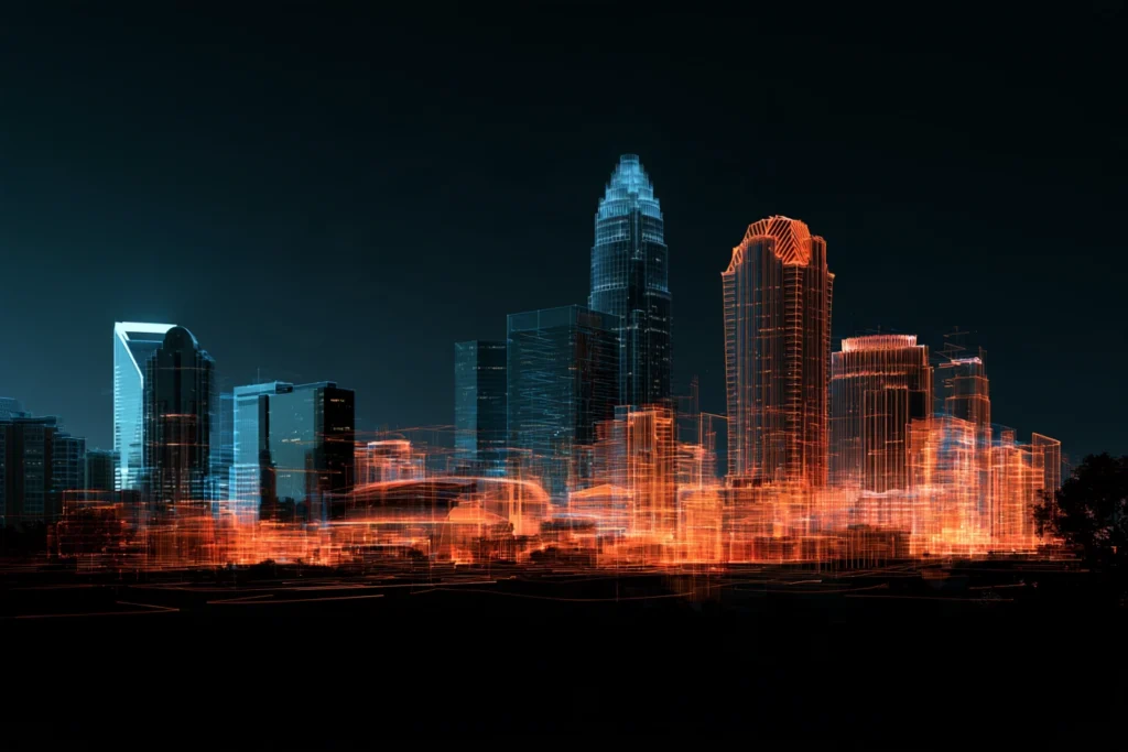 Digital wireframe skyline of downtown Charlotte with the Bank of America Corporate Center at night, representing search engine optimization in Charlotte