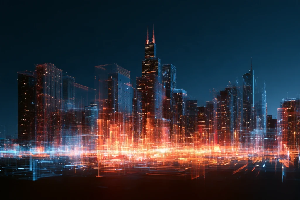 Digital wireframe skyline of Chicago with the Willis Tower glowing orange at night, representing search engine optimization in Chicago