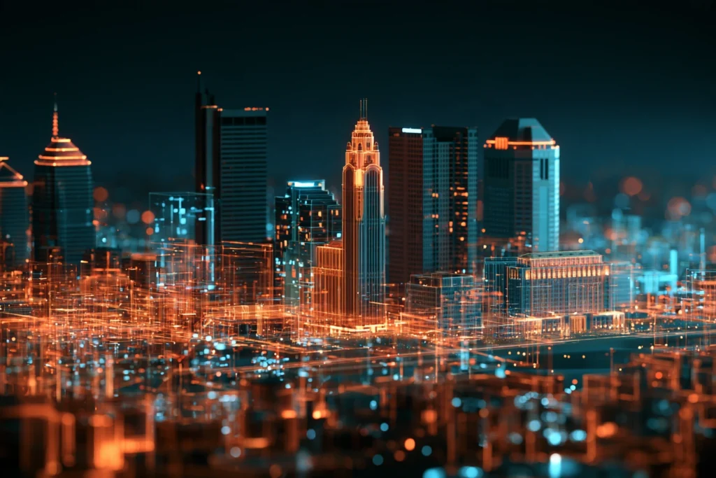 Digital wireframe skyline of downtown Columbus with the LeVeque Tower glowing orange at night, representing search engine optimization in Columbus