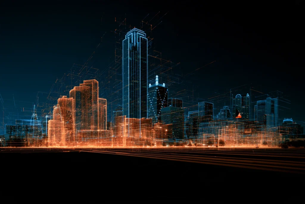 Digital wireframe skyline of downtown Dallas with a streaking road below at night, representing search engine optimization in Dallas