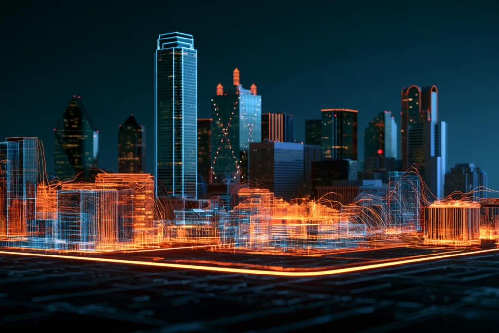 Digital wireframe skyline of downtown Fort Worth with a curved orange road light, representing search engine optimization in Fort Worth