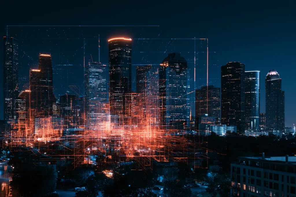 Digital wireframe overlay glowing orange across the downtown Houston skyline at night, representing search engine optimization in Houston
