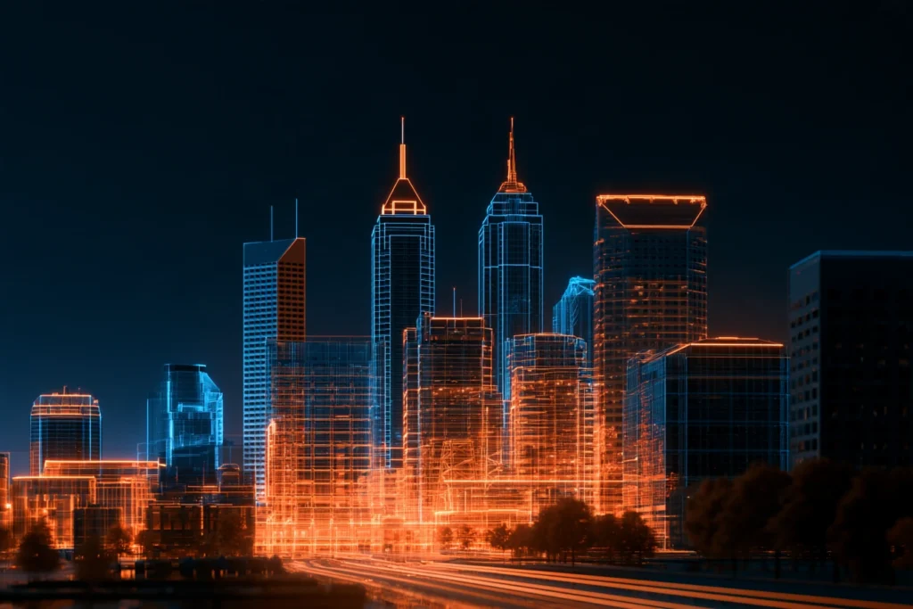 Digital wireframe skyline of downtown Indianapolis with Salesforce Tower glowing orange and blue, representing search engine optimization in Indianapolis