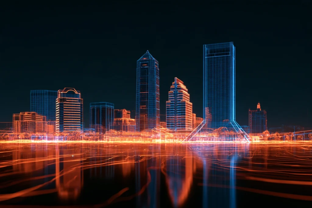 Digital wireframe skyline of Jacksonville reflecting off the St. Johns River at night, representing search engine optimization in Jacksonville