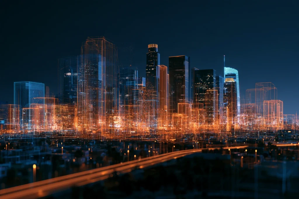 Digital wireframe skyline of downtown Los Angeles with a glowing highway below at night, representing search engine optimization in Los Angeles