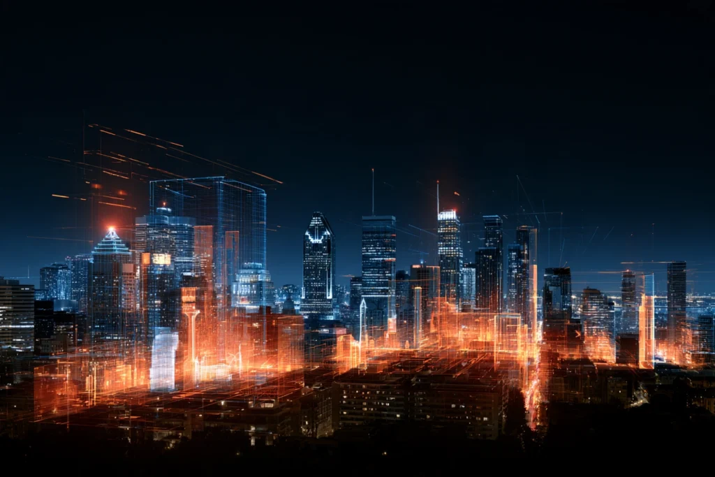 Digital wireframe overlay glowing orange across the downtown Montreal skyline at night, representing search engine optimization in Montreal