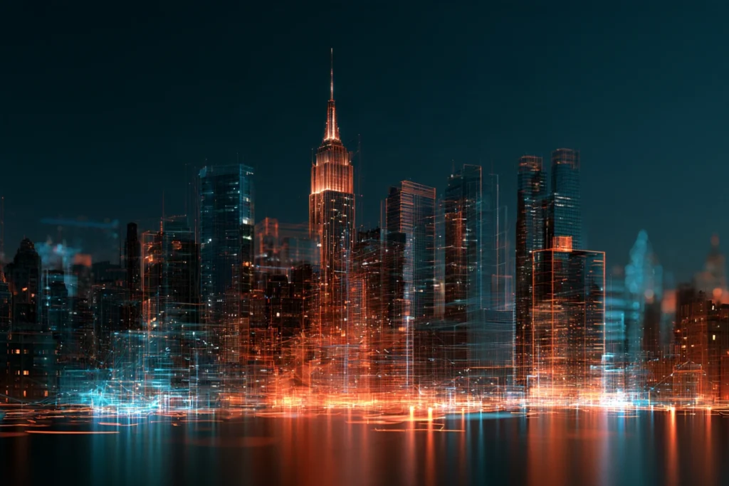Digital wireframe skyline of New York City with the Empire State Building glowing orange at night, representing search engine optimization in New York